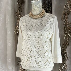Loft Women’s Medium Ivory Lace Crochet Front 3/4 Sleeve Pullover Top Boho Casual